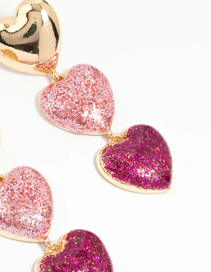 Gold Pink Glitter Heart Drop Earrings - Image 3