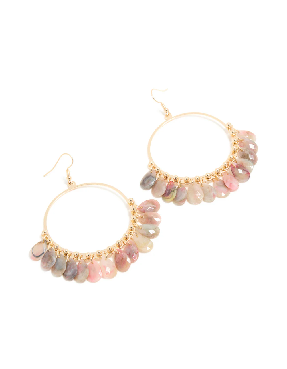 Gold Pink & Grey Multi Beaded Circle Drop Earrings - Image 2