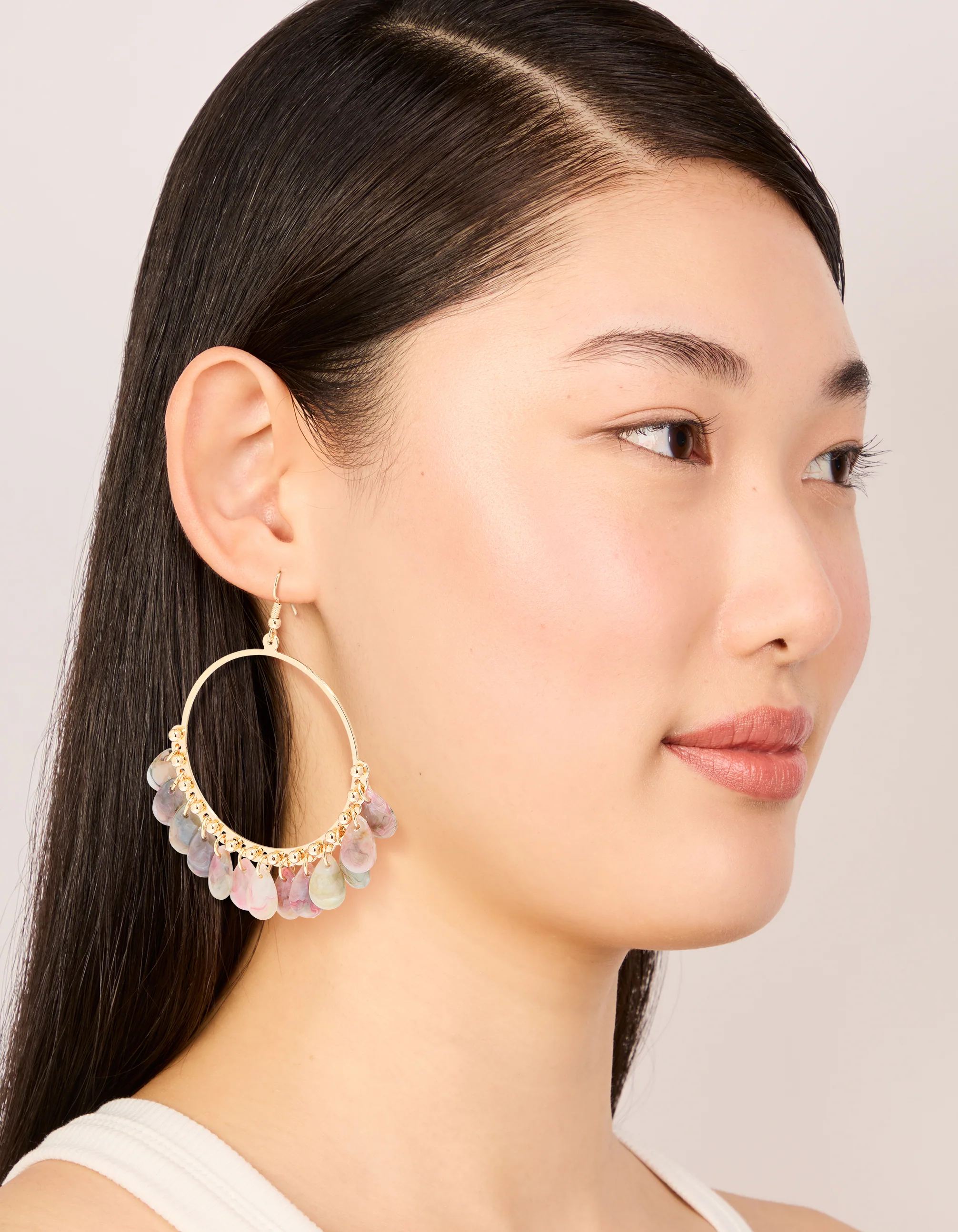 Gold Pink & Grey Multi Beaded Circle Drop Earrings - Image 3