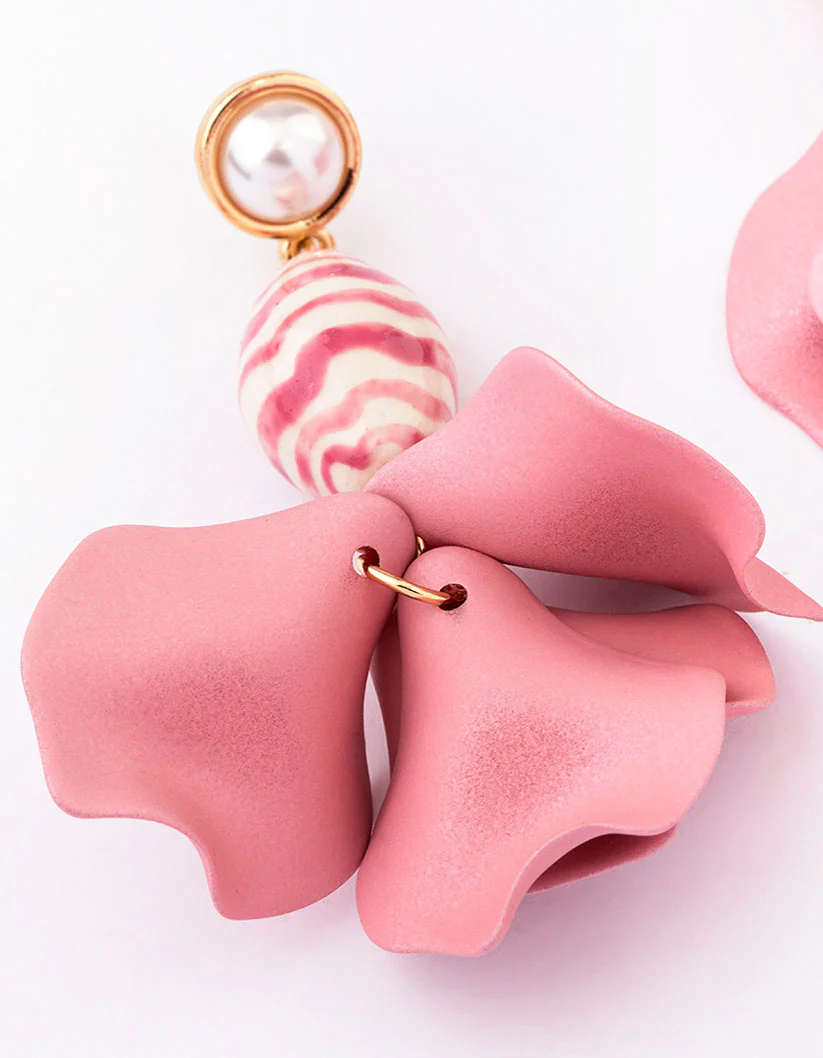 Gold Pink Petal & Beaded Drop Earrings - Image 2