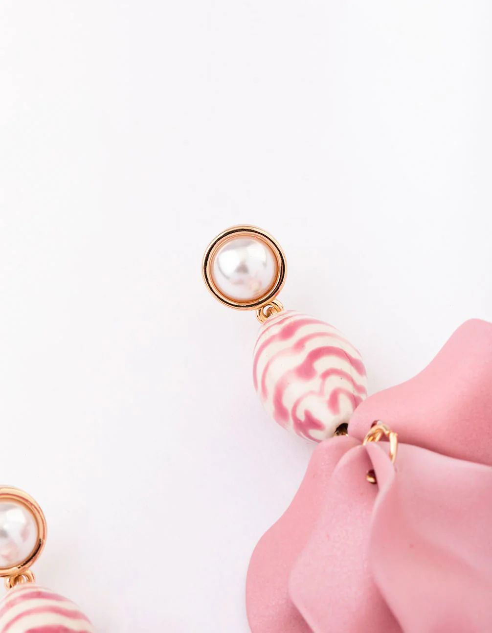 Gold Pink Petal & Beaded Drop Earrings - Image 3