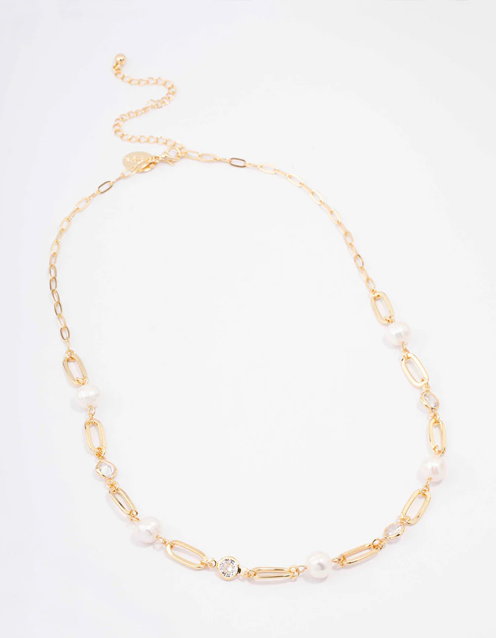 Gold Plated Alternating Cubic Zirconia & Pearl Link Short Necklace - Image 2