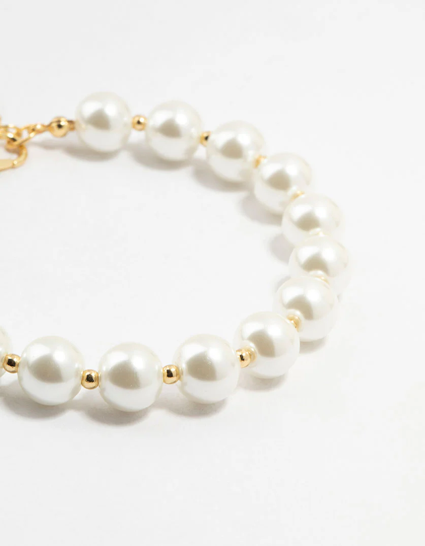Gold Plated Alternating Medium Pearl & Ball Bracelet - Image 2