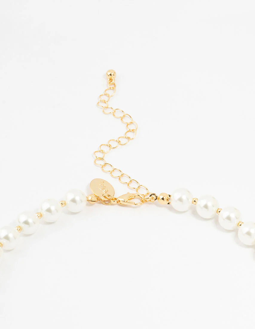 Gold Plated Alternating Medium Pearl & Ball Necklace - Image 3