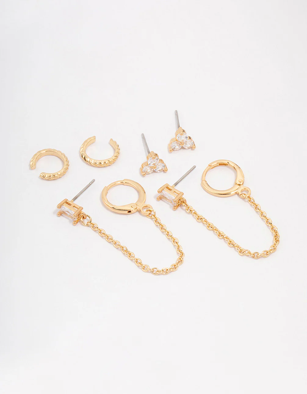 Gold Plated Brass Baguette Chain Flower Earring 4-Pack
