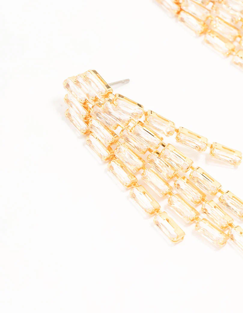Gold Plated Baguette Chandelier Drop Earrings - Image 2