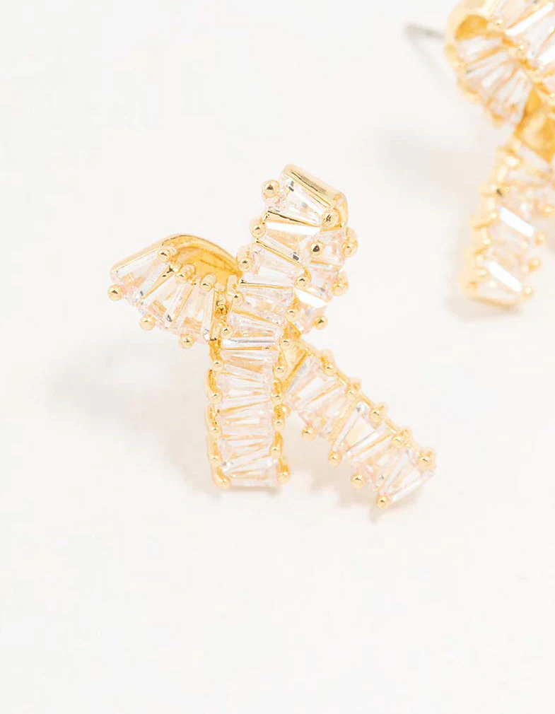 Gold Plated Baguette Ribbon Bow Stud Earrings - Image 2