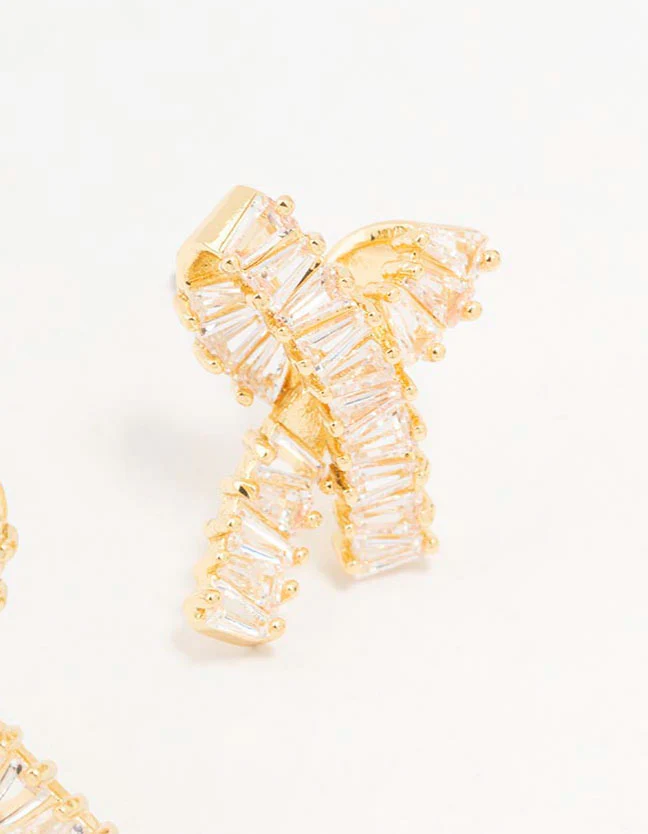 Gold Plated Baguette Ribbon Bow Stud Earrings - Image 3