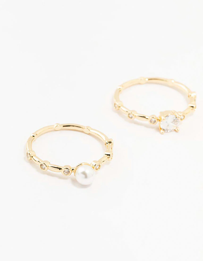 Gold Plated Bamboo Pearl Rings 3-Pack - Image 4