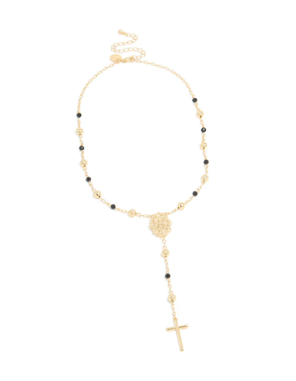 Gold Plated Black Beaded & Cross Lariat Necklace - Image 2