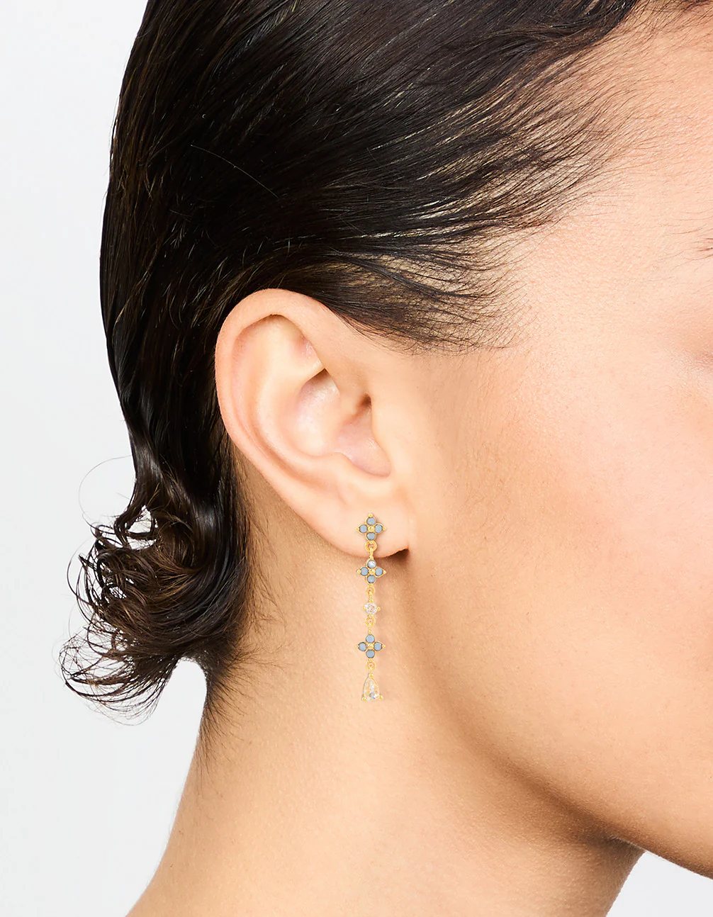 Gold Plated Blue Cubic Zirconia Floral Drop Earrings - Image 2