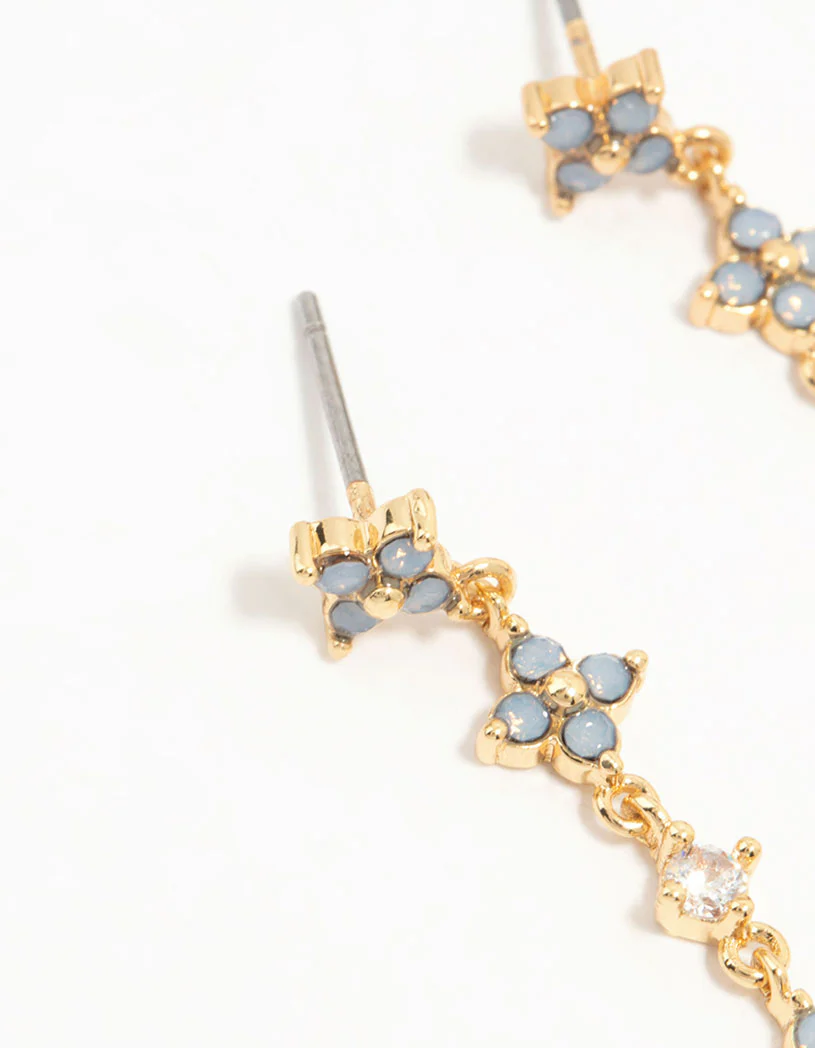 Gold Plated Blue Cubic Zirconia Floral Drop Earrings - Image 4