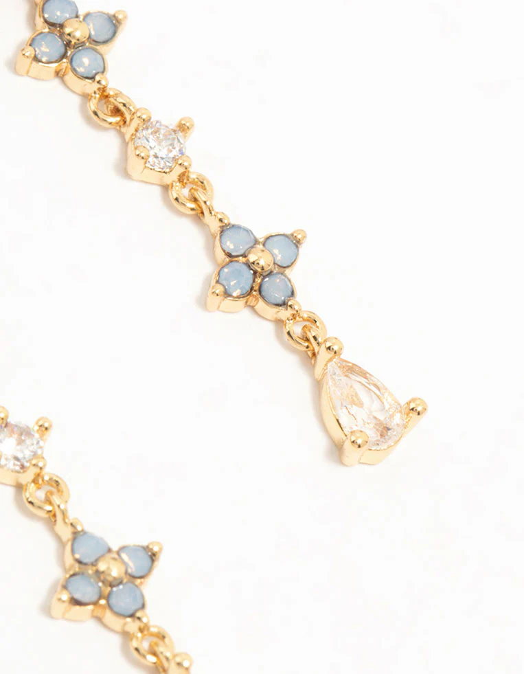 Gold Plated Blue Cubic Zirconia Floral Drop Earrings - Image 5