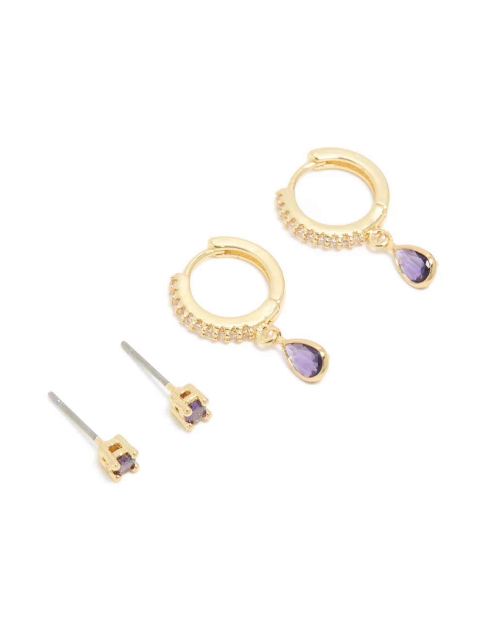 Gold Plated Brass Amethyst Cubic Zirconia February Birthstone Earrings 2 Pack - Image 2