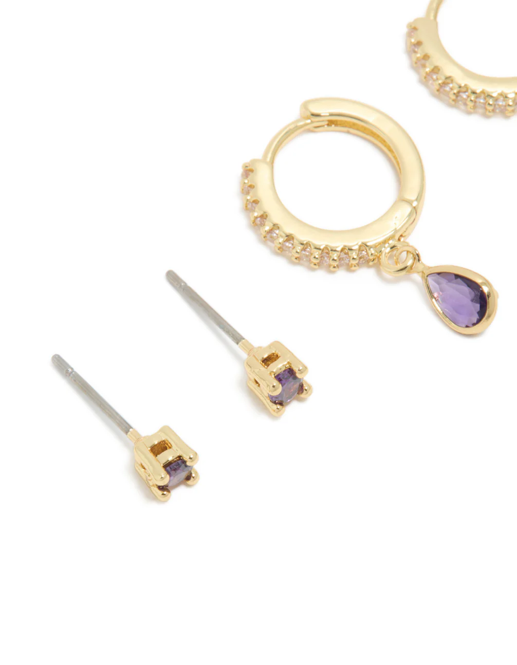 Gold Plated Brass Amethyst Cubic Zirconia February Birthstone Earrings 2 Pack - Image 4