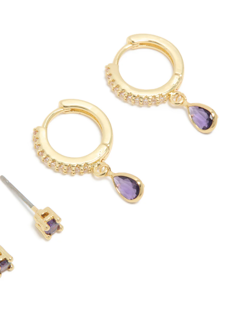 Gold Plated Brass Amethyst Cubic Zirconia February Birthstone Earrings 2 Pack - Image 5