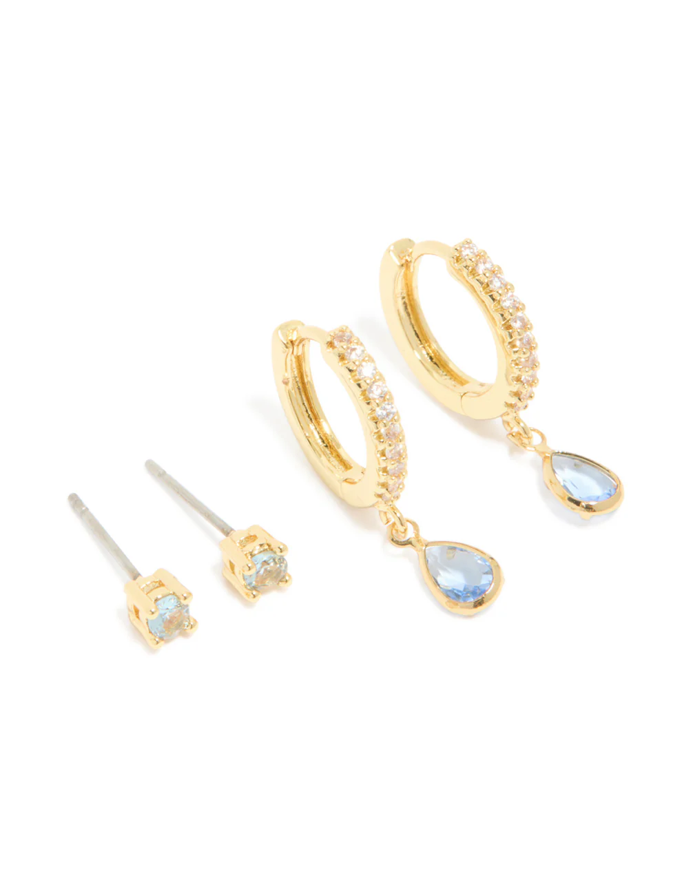 Gold Plated Brass Aquamarine Cubic Zirconia March Birthstone Earrings 2-Pack - Image 2
