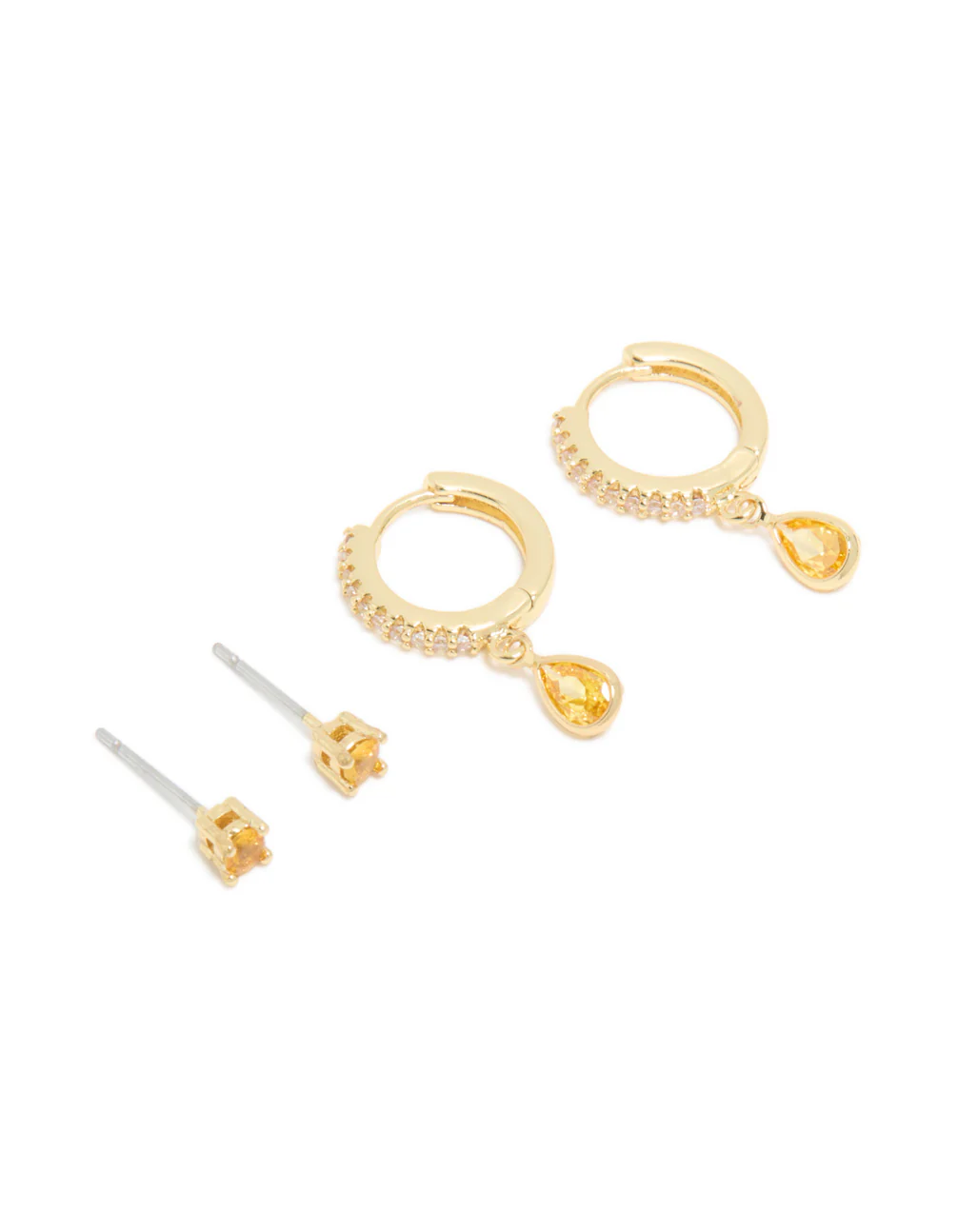 Gold Plated Brass Citrine Cubic Zirconia November Birthstone Earrings 2-Pack - Image 2