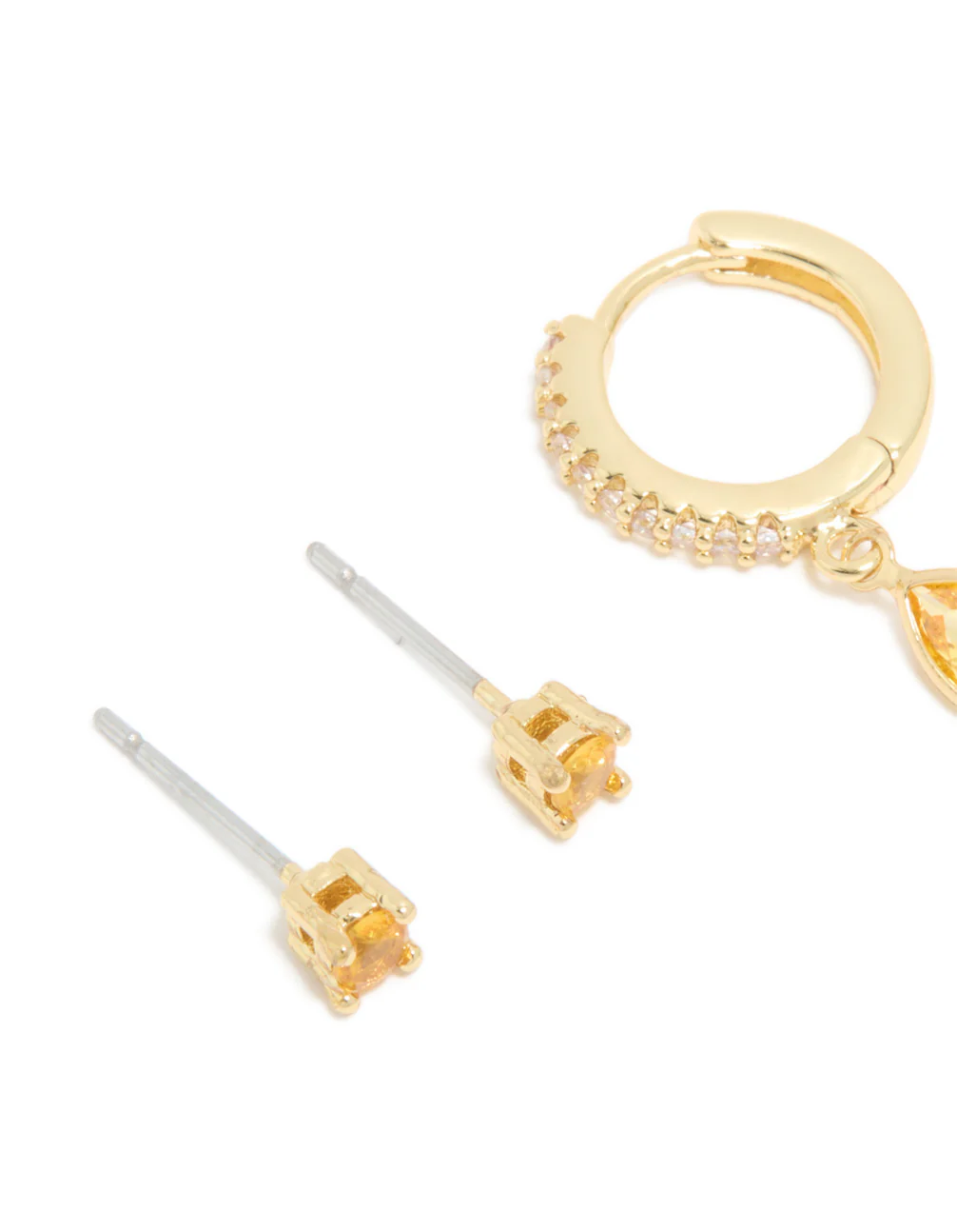 Gold Plated Brass Citrine Cubic Zirconia November Birthstone Earrings 2-Pack - Image 4