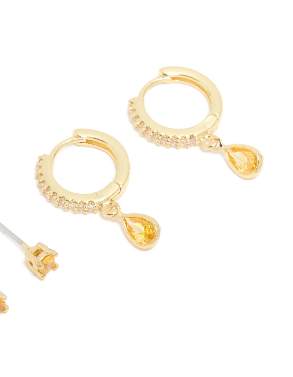 Gold Plated Brass Citrine Cubic Zirconia November Birthstone Earrings 2-Pack - Image 5