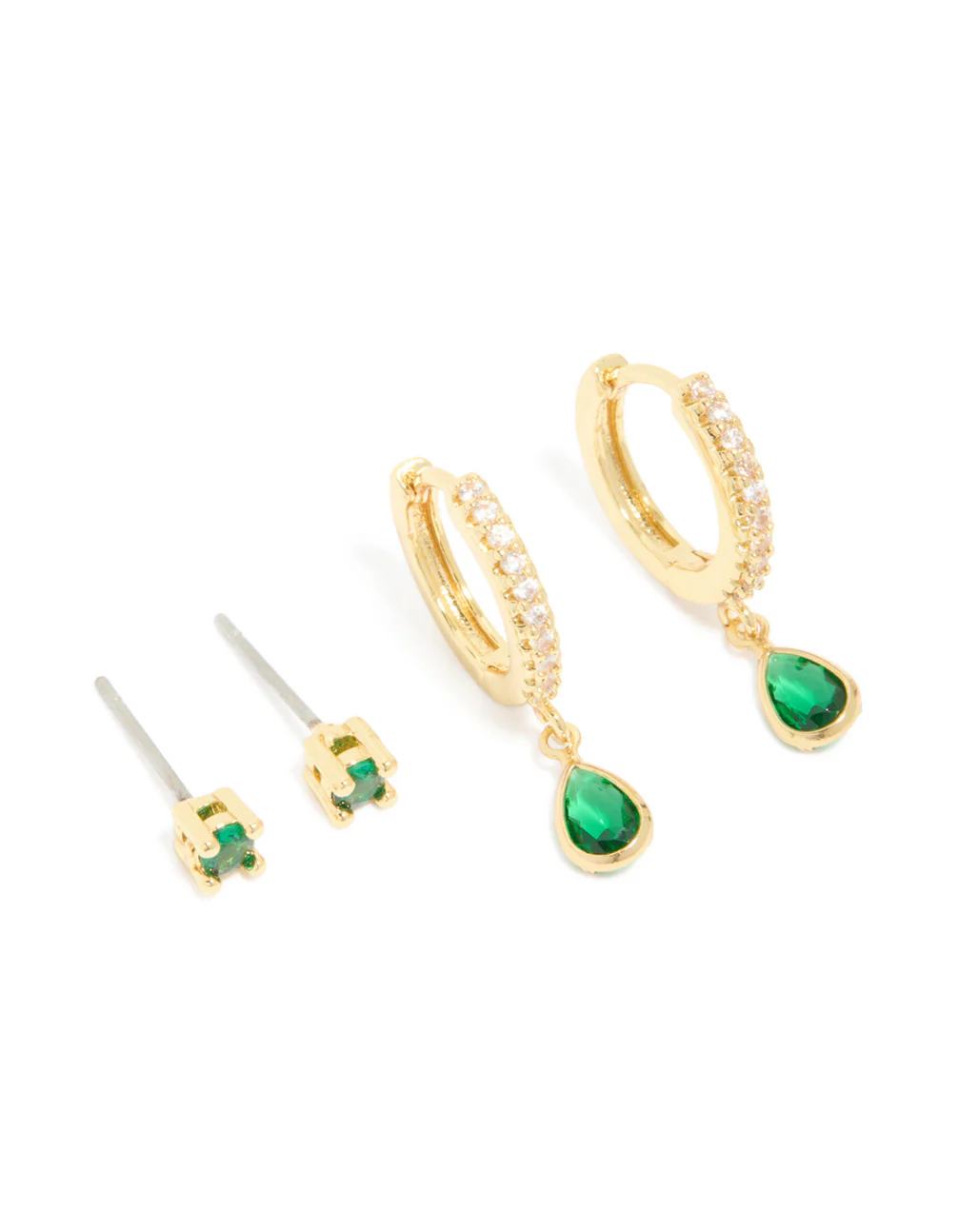 Gold Plated Brass Emerald Cubic Zirconia May Birthstone Earrings 2 Pack - Image 2