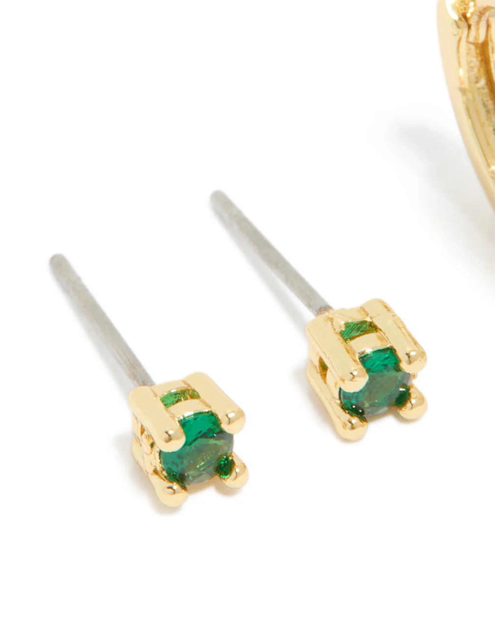 Gold Plated Brass Emerald Cubic Zirconia May Birthstone Earrings 2 Pack - Image 4
