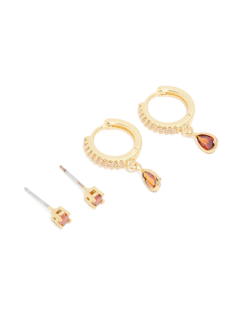 Gold Plated Brass Garnet Cubic Zirconia January Birthstone Earrings 2-Pack - Image 2