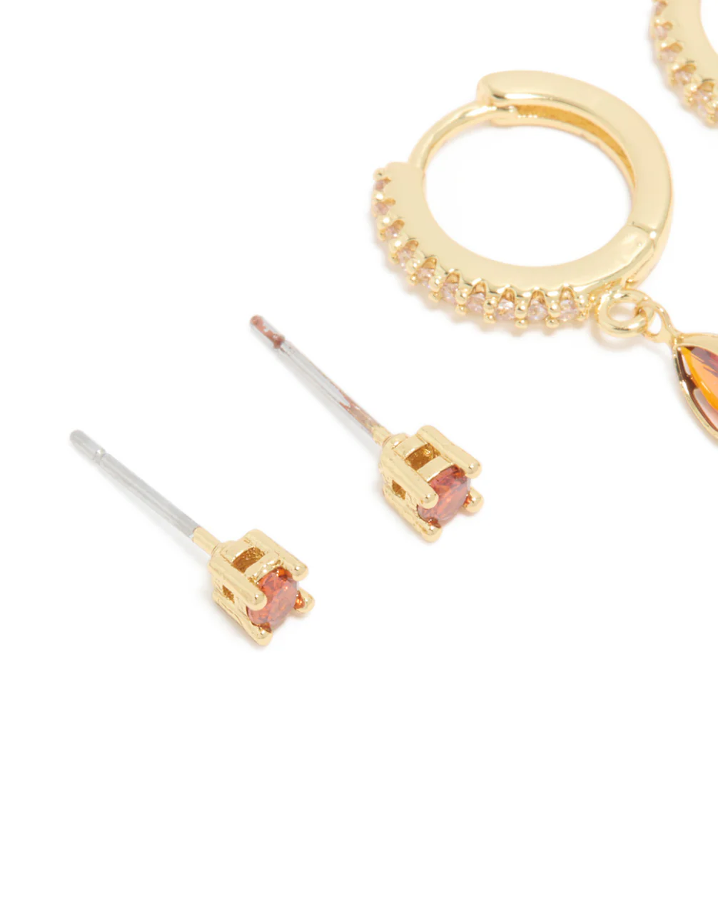 Gold Plated Brass Garnet Cubic Zirconia January Birthstone Earrings 2-Pack - Image 4