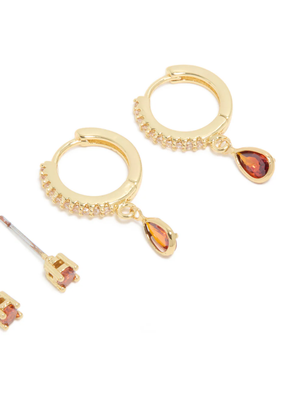 Gold Plated Brass Garnet Cubic Zirconia January Birthstone Earrings 2-Pack - Image 5