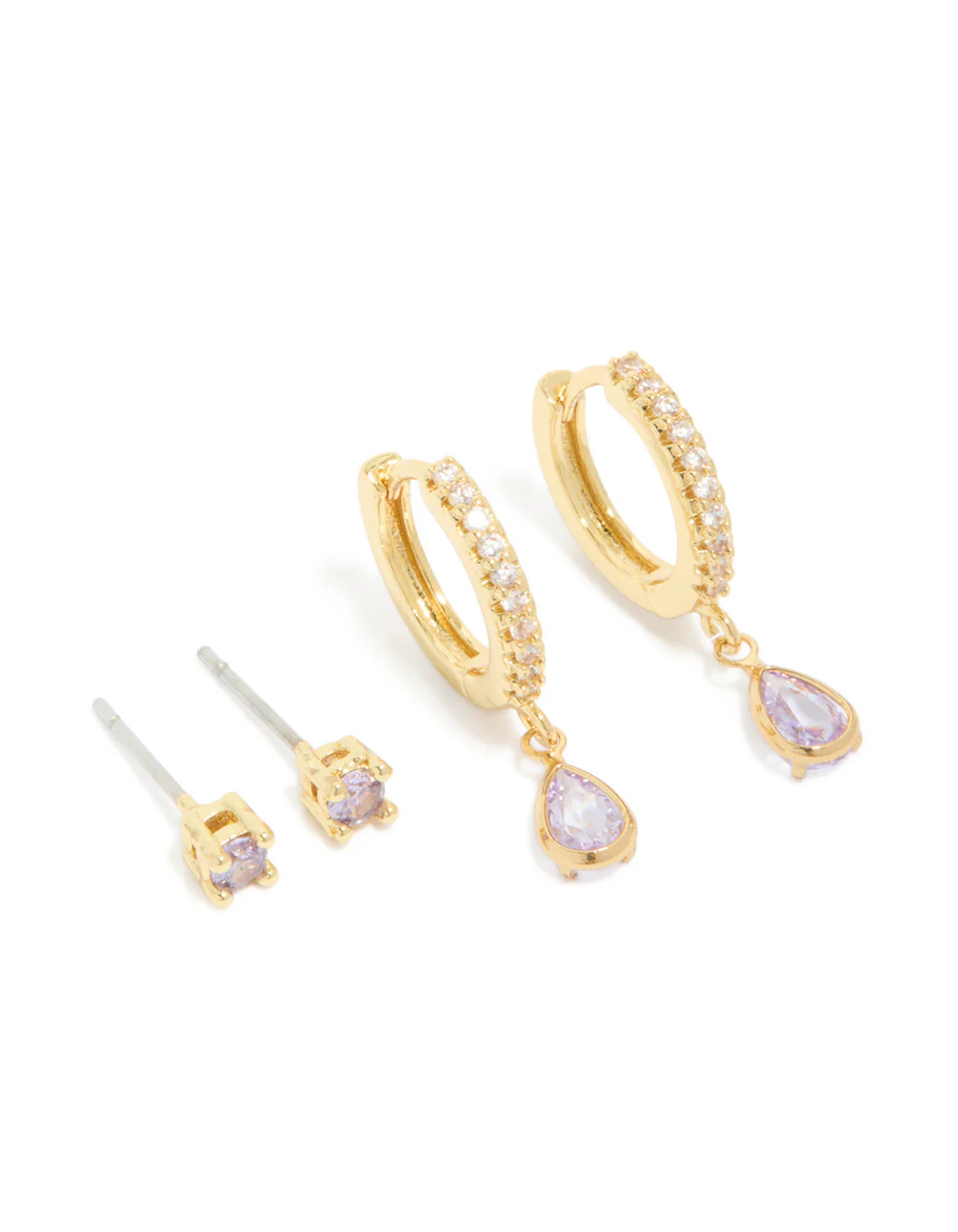 Gold Plated Brass Light Amethyst Cubic Zirconia June Birthstone Earrings 2 Pack - Image 2