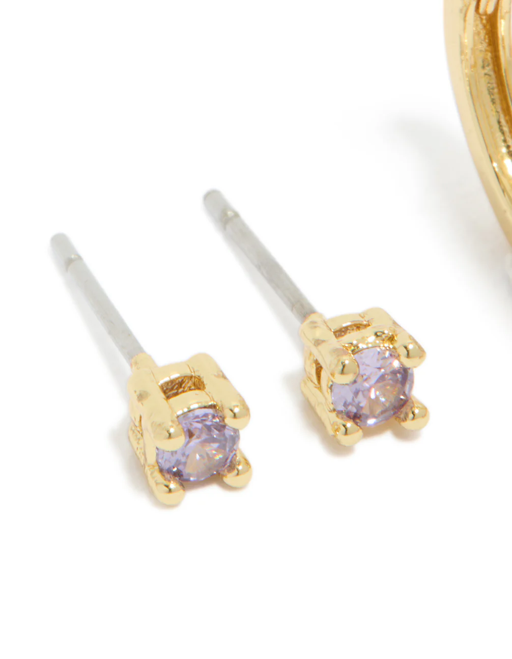 Gold Plated Brass Light Amethyst Cubic Zirconia June Birthstone Earrings 2 Pack - Image 4