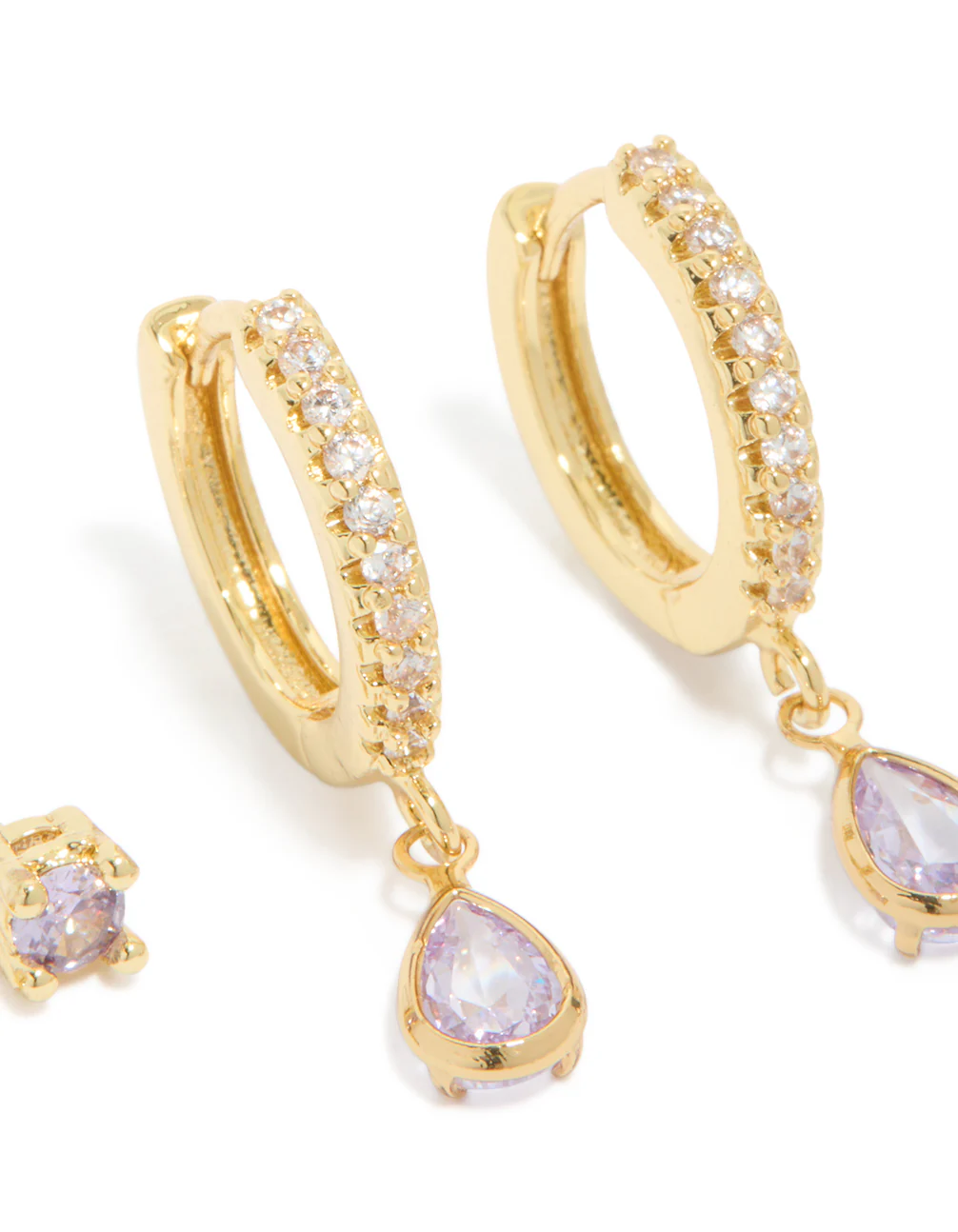 Gold Plated Brass Light Amethyst Cubic Zirconia June Birthstone Earrings 2 Pack - Image 5