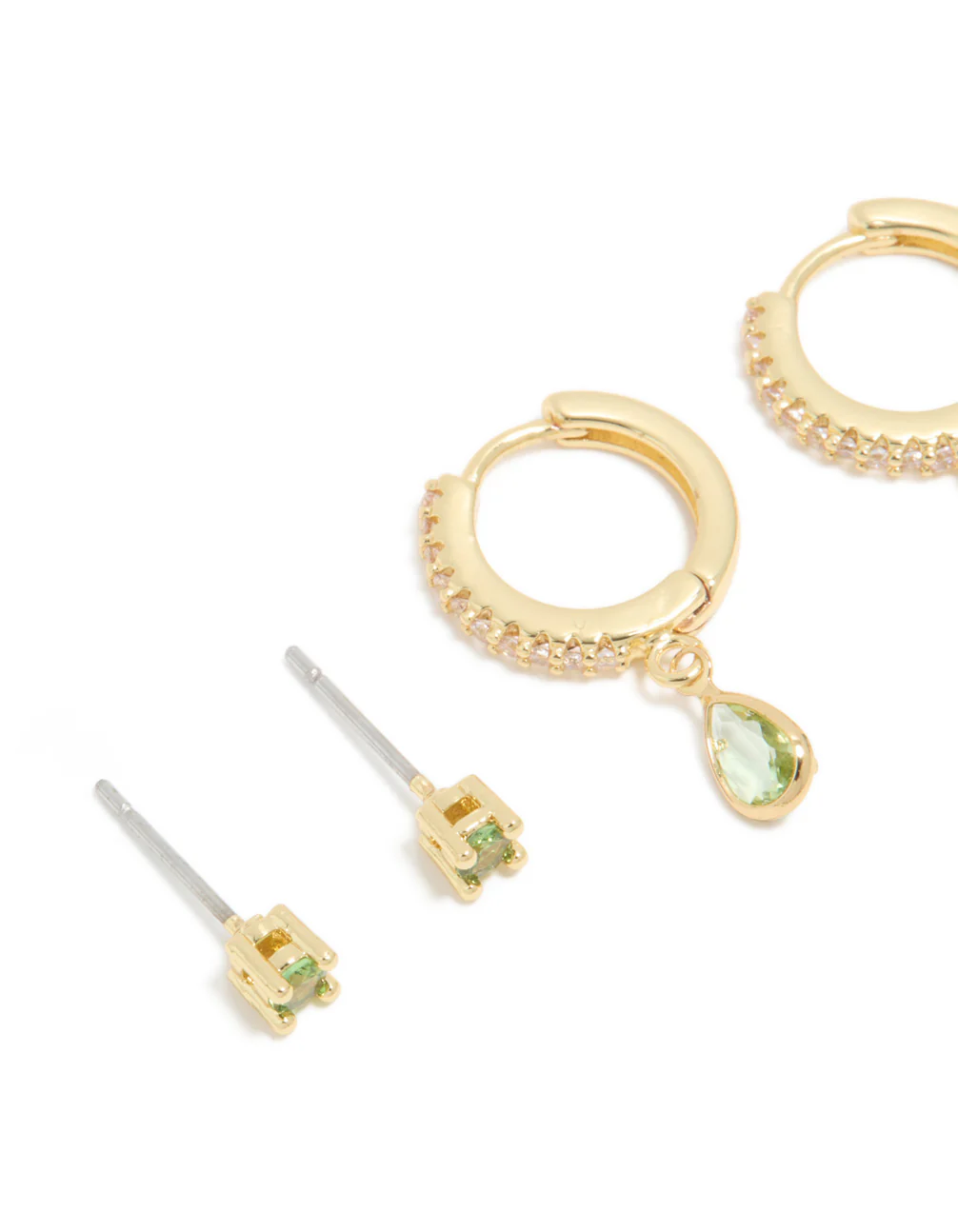 Gold Plated Brass Peridot Cubic Zirconia August Birthstone Earrings 2 Pack - Image 4