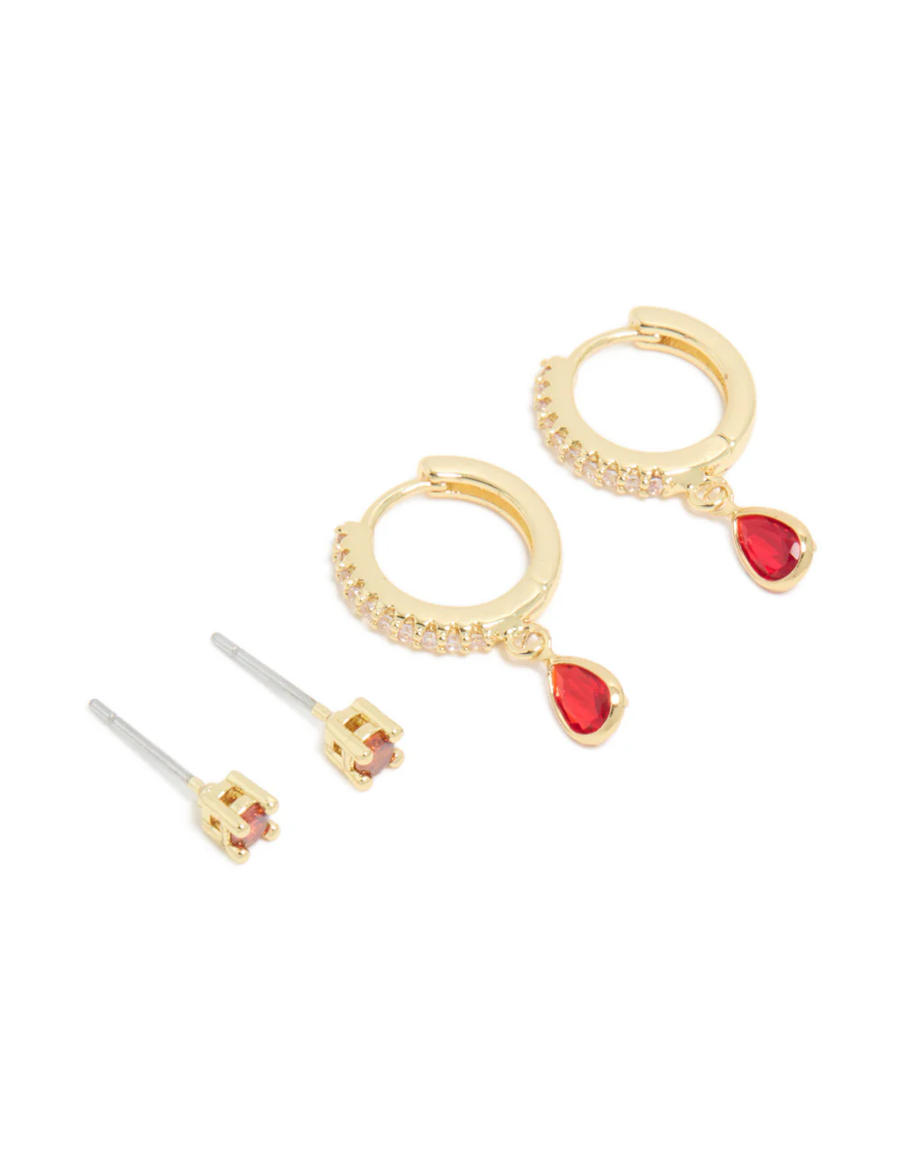 Gold Plated Brass Ruby Cubic Zirconia July Birthstone Earrings 2-Pack - Image 2