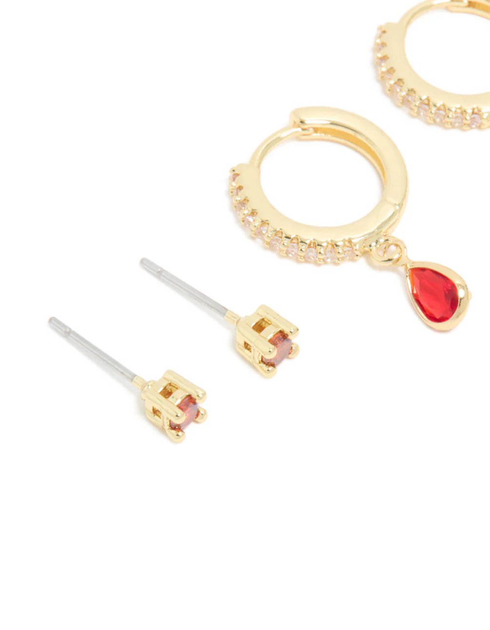 Gold Plated Brass Ruby Cubic Zirconia July Birthstone Earrings 2-Pack - Image 4
