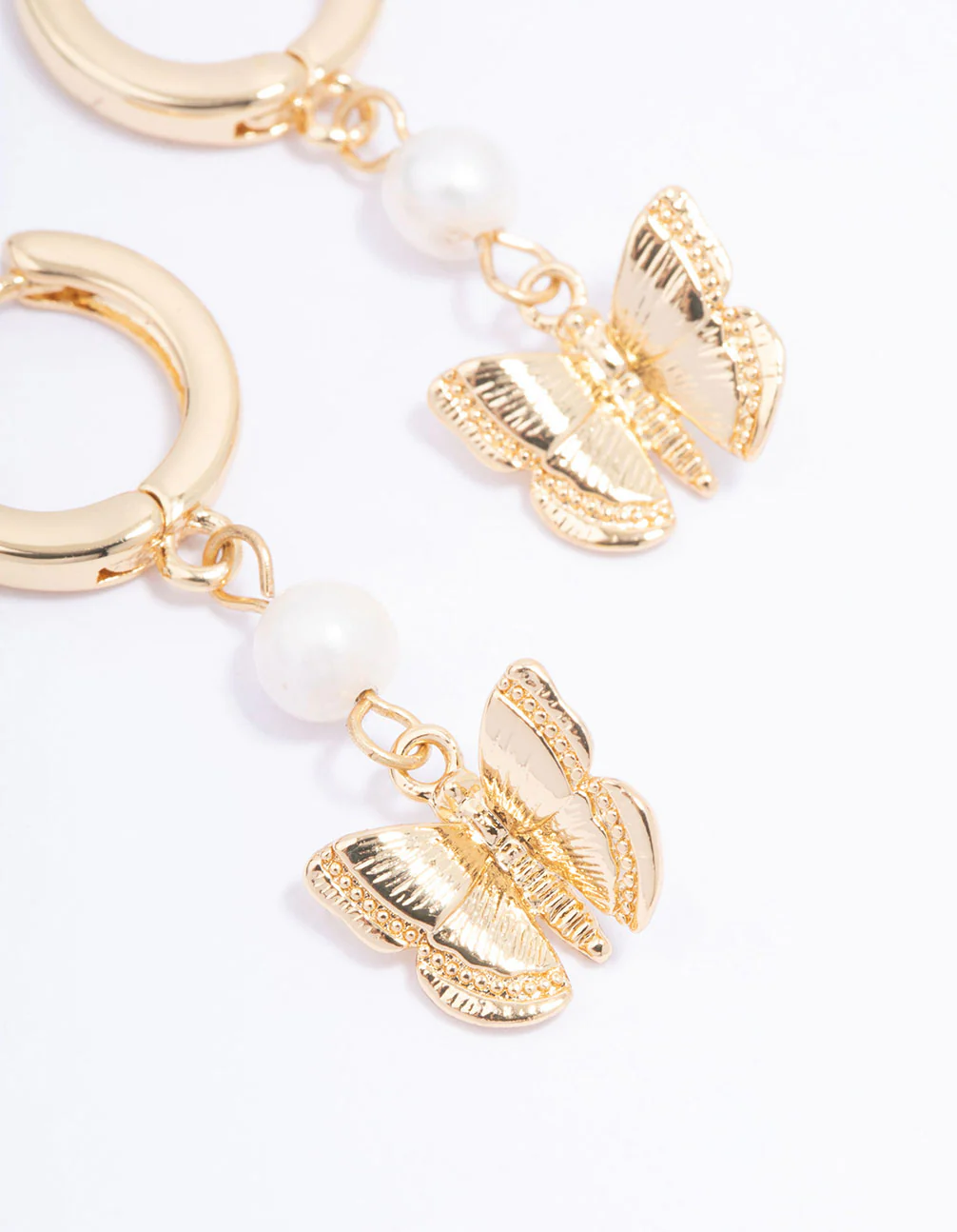 Gold Plated Butterfly & Freshwater Pearl Hoop Earrings - Image 2