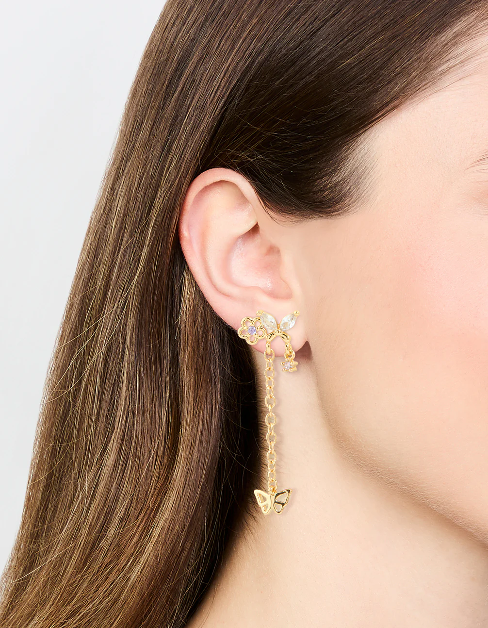 Gold Plated Butterfly Stud & Chain Drop Earrings - Image 2