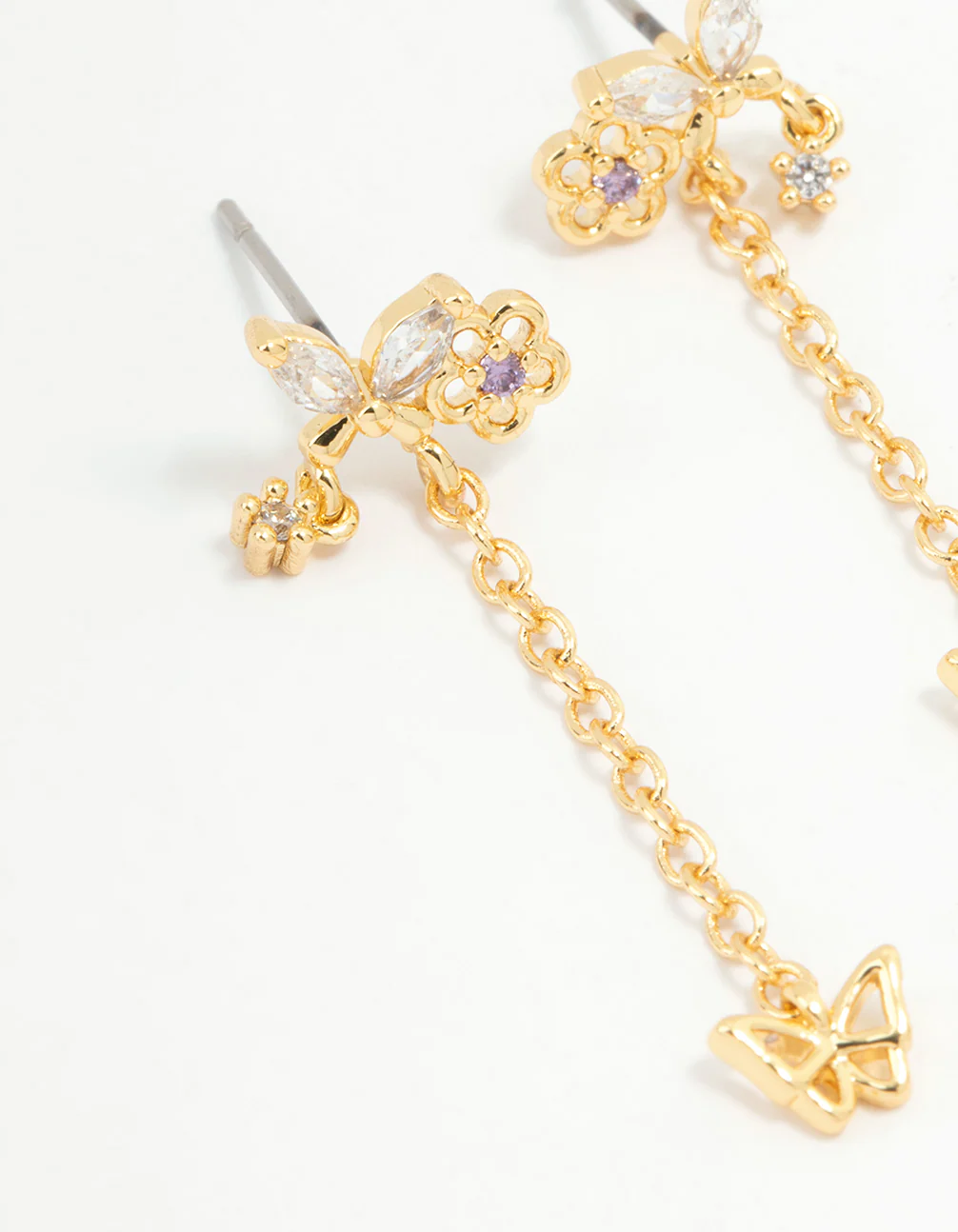 Gold Plated Butterfly Stud & Chain Drop Earrings - Image 4