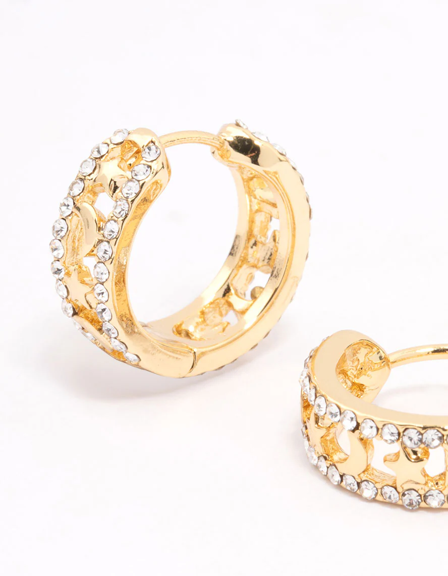 Gold Plated Celestial Cut Out Hoop Earrings - Image 2