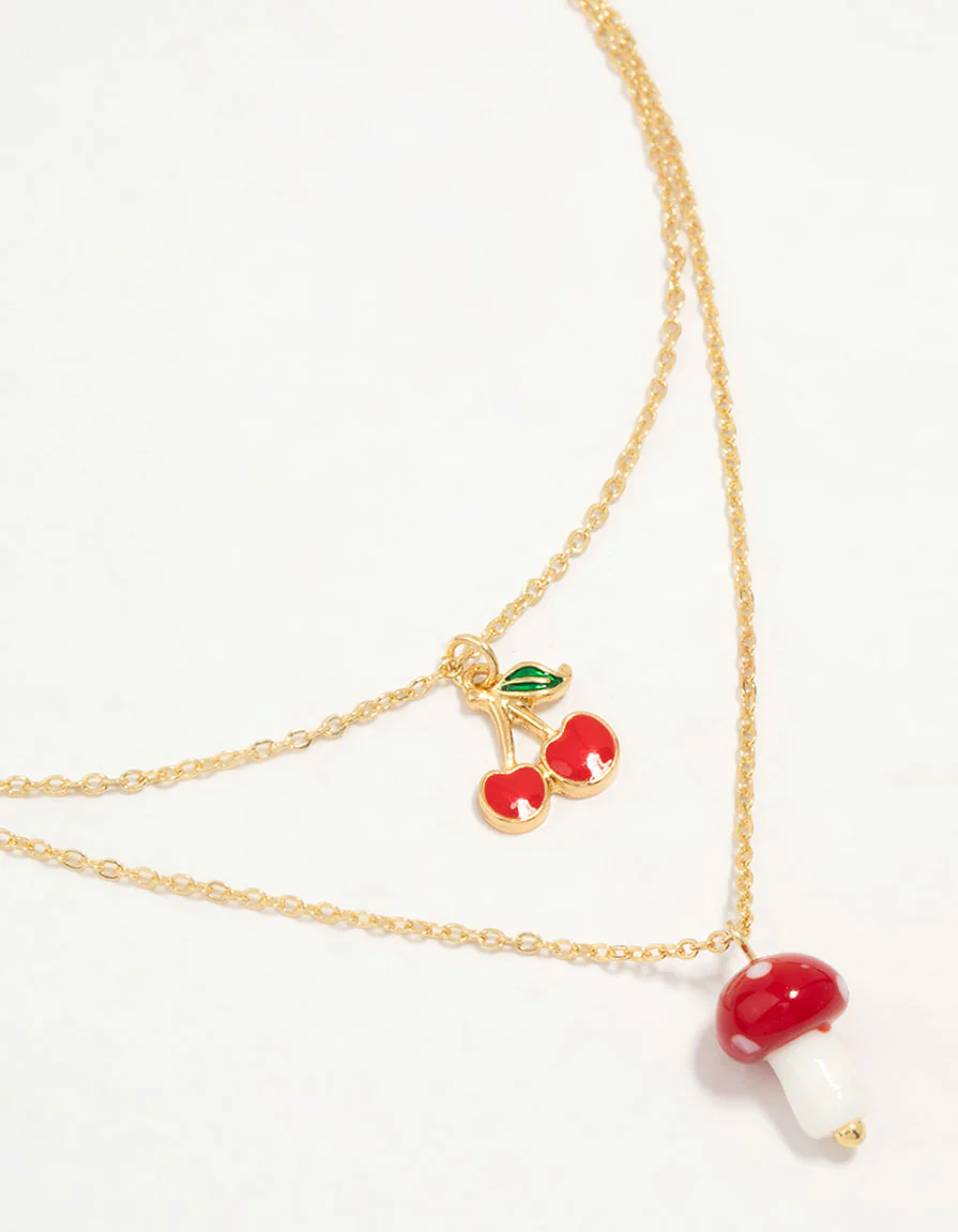 Gold Plated Cherry & Mushroom Layered Necklace