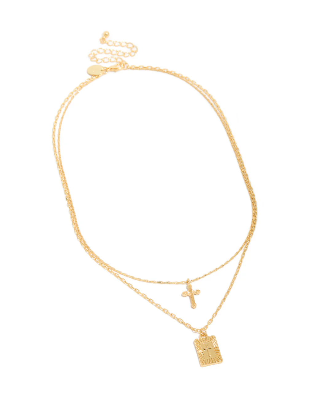 Gold Plated Cross & Rectangle Tab Pendant Layered Necklace - Image 2