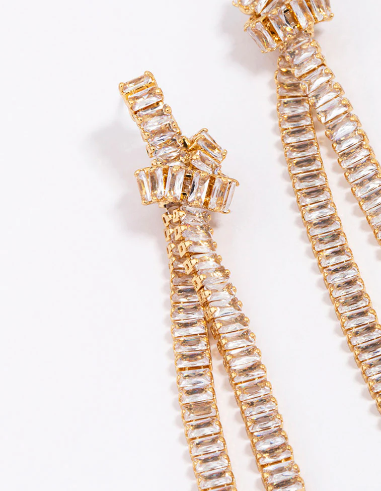 Gold Plated Cubic Zirconia Baguette Knotted Drop Earrings - Image 3