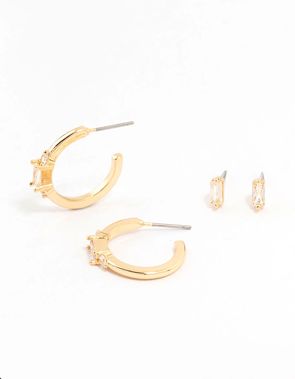 Gold Plated Cubic Zirconia Baguette Stud & Hoop Earrings 2-Pack