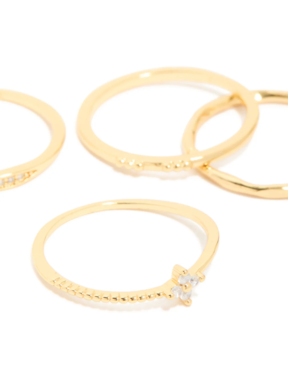 Gold Plated Cubic Zirconia Bezel Set Flower & Molten Rings 5-Pack - Image 3