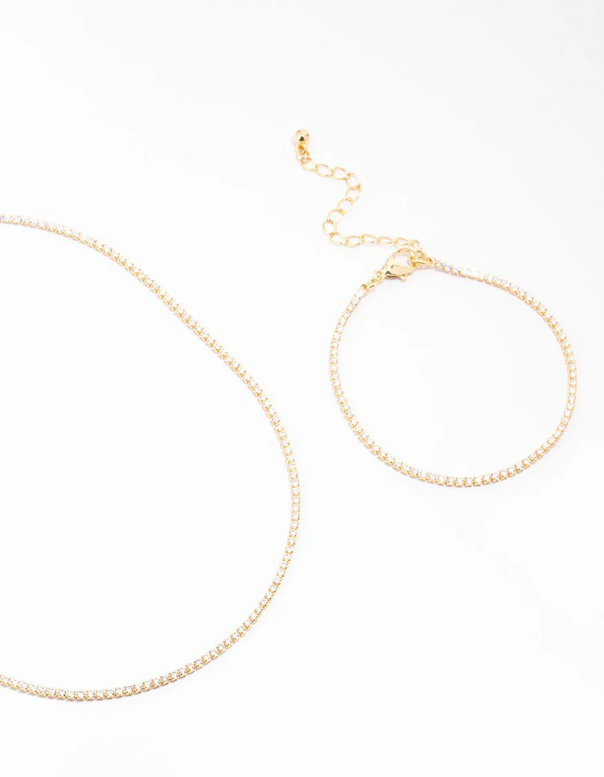 Gold Plated Cubic Zirconia Tennis Bracelet & Necklace Set
