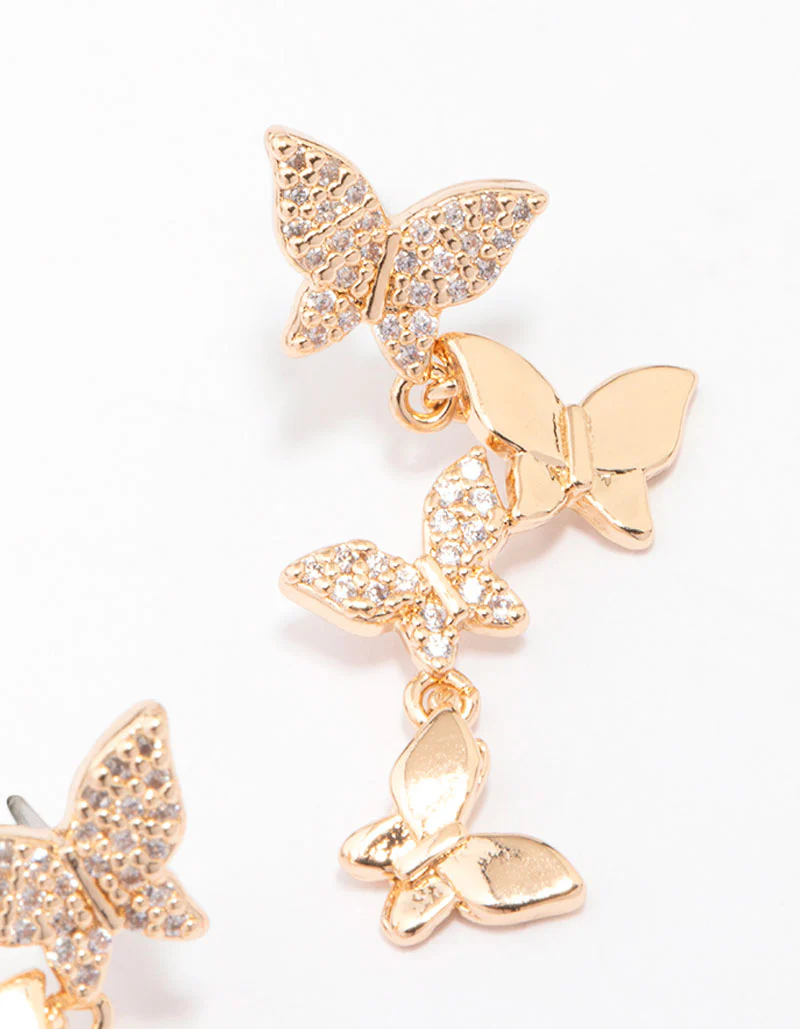 Gold Cubic Zirconia Butterfly Drop Earrings - Image 3