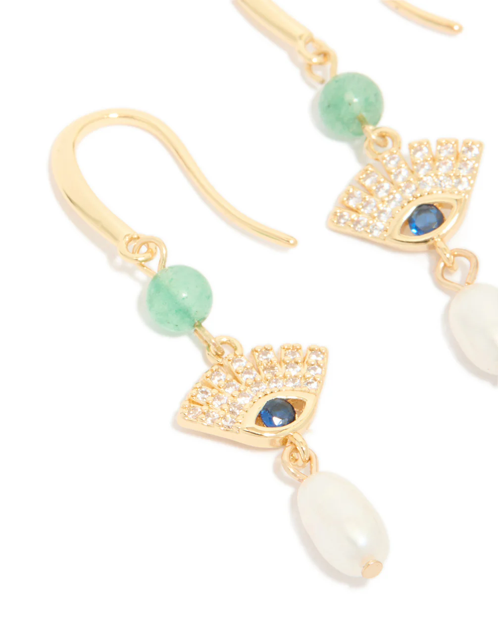 Gold Plated Cubic Zirconia Evil Eye Freshwater Pearl Drop Earrings - Image 4