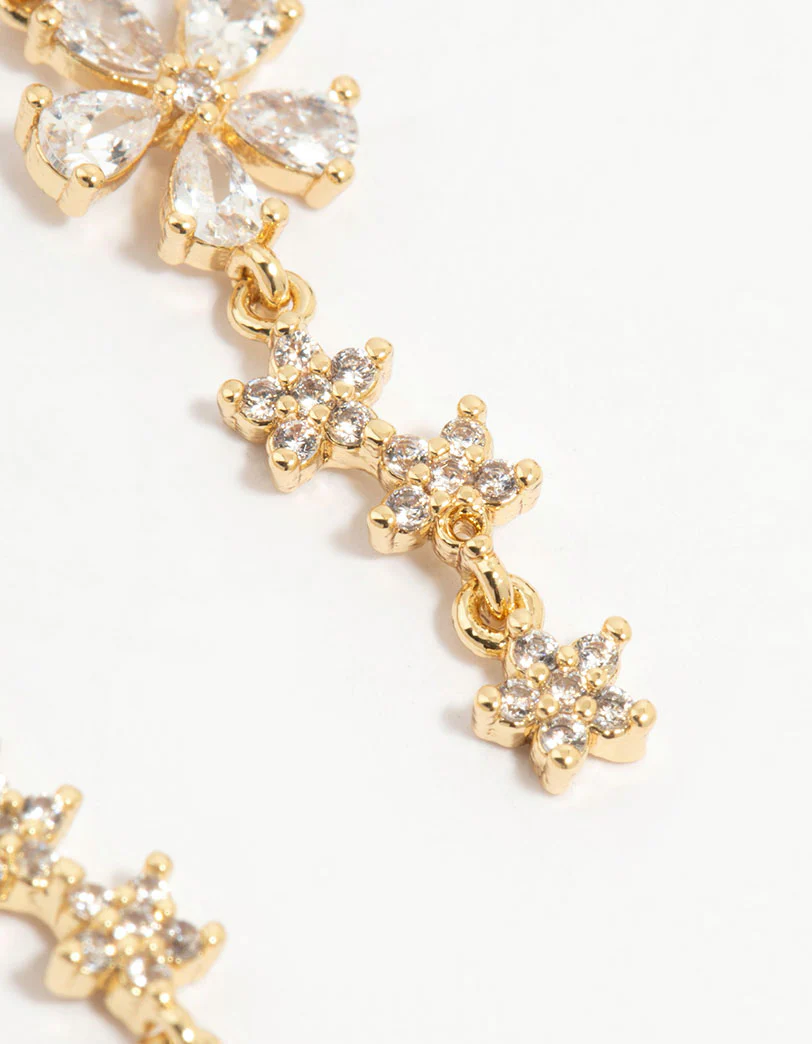 Gold Plated Cubic Zirconia Flower Drop Earrings - Image 5