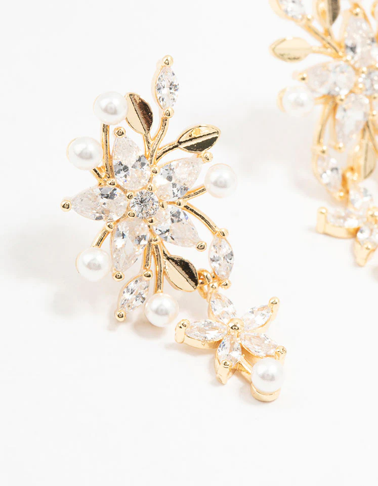 Gold Plated Cubic Zirconia Flower & Mini Pearl Drop Earrings - Image 2