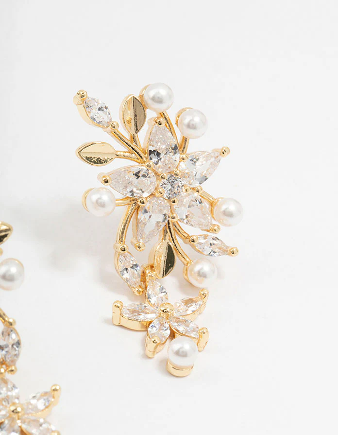 Gold Plated Cubic Zirconia Flower & Mini Pearl Drop Earrings - Image 3